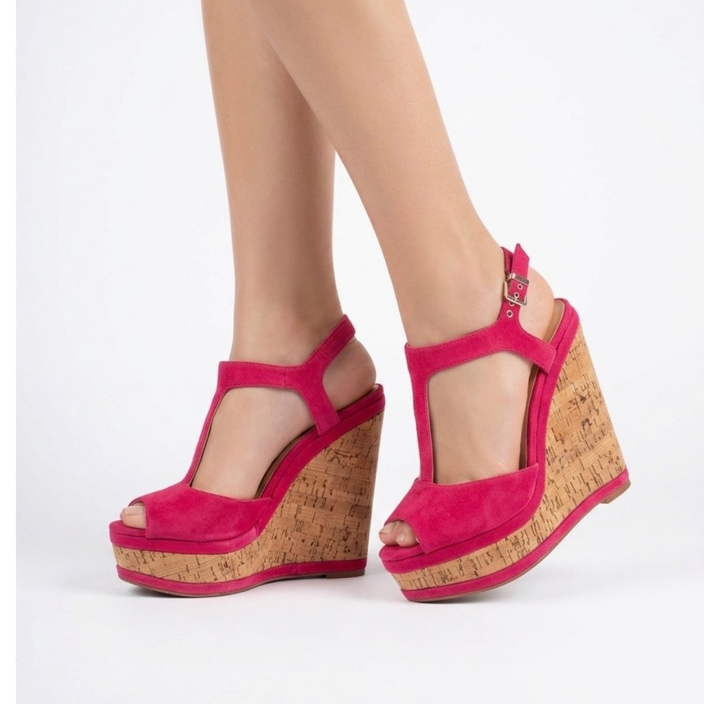 💕NEW JOY IN LOVE Hot Pink Suede Cork Wedge Platform Sandals T-Strap Size 9 NWOT